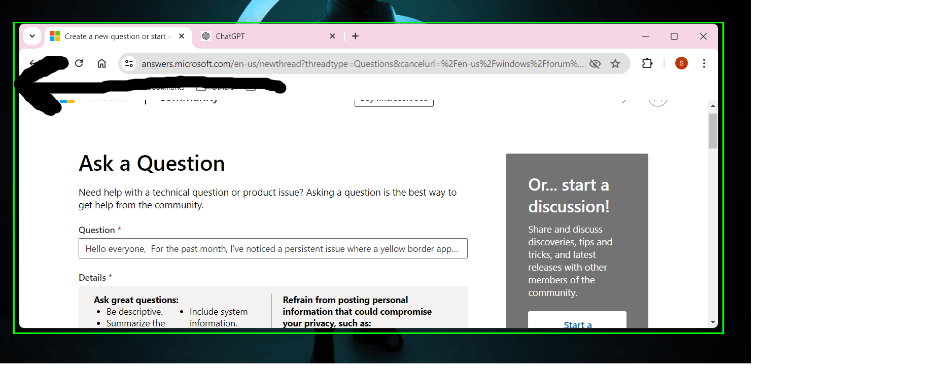 Yellow border issue - Microsoft Q&A