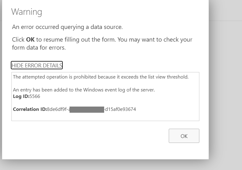 An error occurred querying a data source / SharePoint Online ...