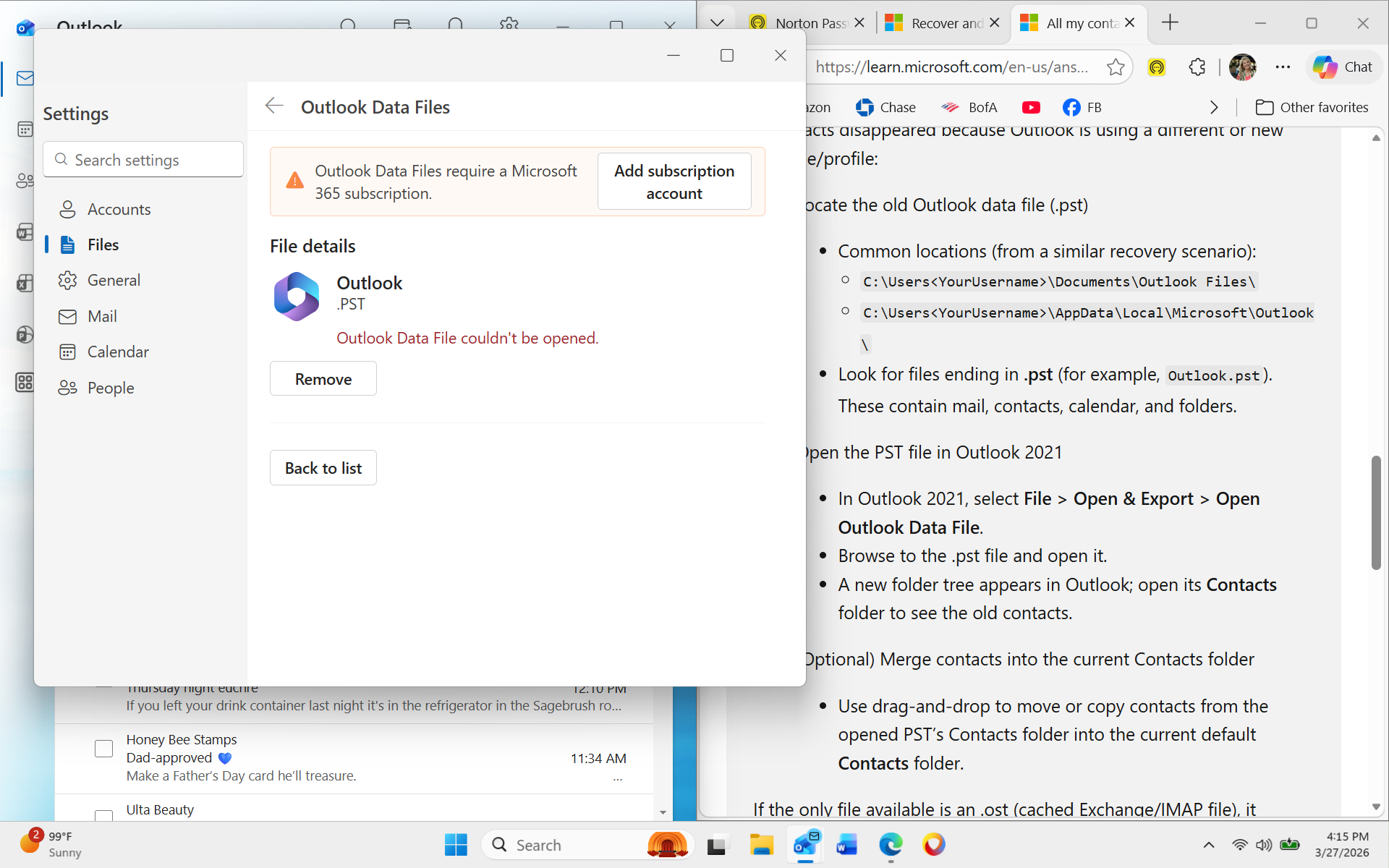 Troubleshooting missing contacts in Outlook 2021.