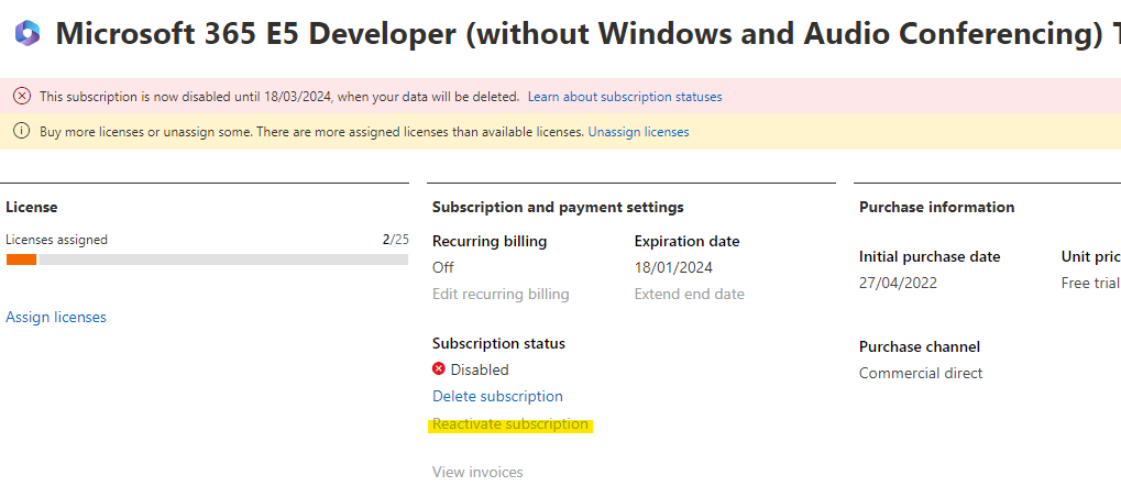 My Developer Subscription is inactive and can't reactivate it ...