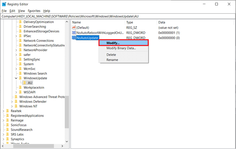 Right-click on the NoAutoUpdate value and choose Modify (or double-click on it to bring up the Modify dialog box).