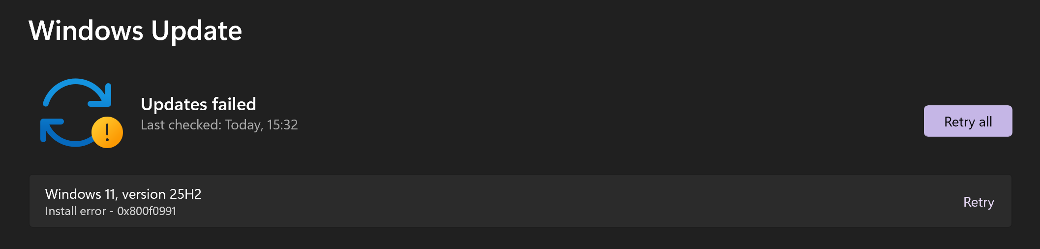 Feature update to Windows 11 25H2 fails repeatedly (0x800f0991 ...