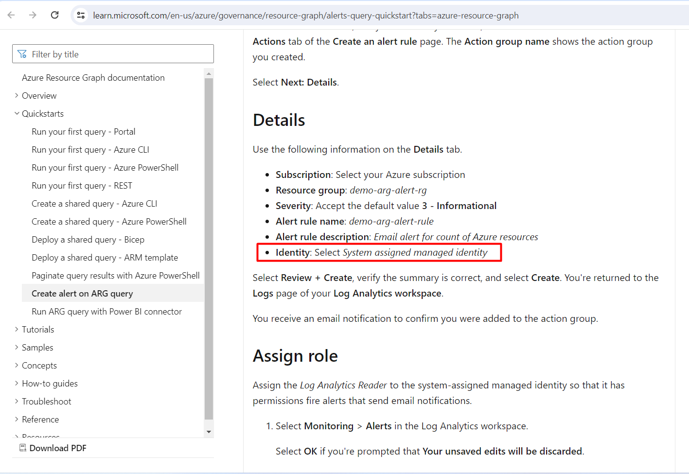 How to create a log alert rule with Identity is 