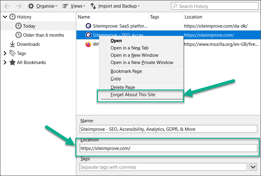 Deleting the cache History in Firefox