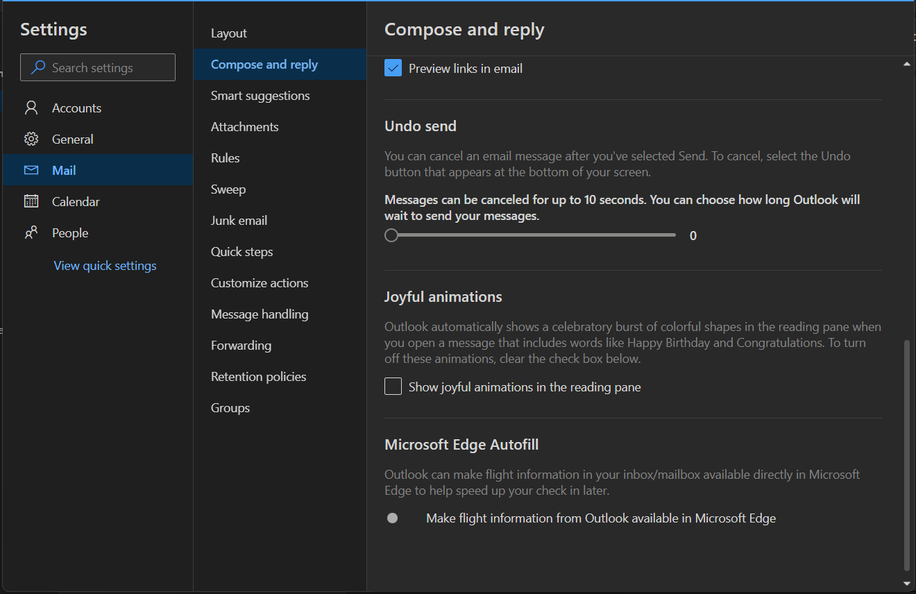 Outlook settings screenshot