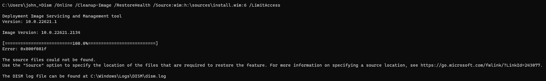 Dism /Online /Cleanup-Image /RestoreHealth /source:wim:h:\sources ...