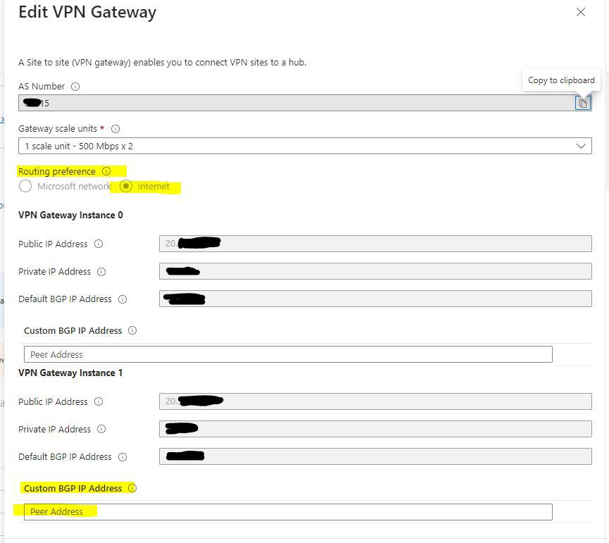 Azure vWAN VPN Gateway setup