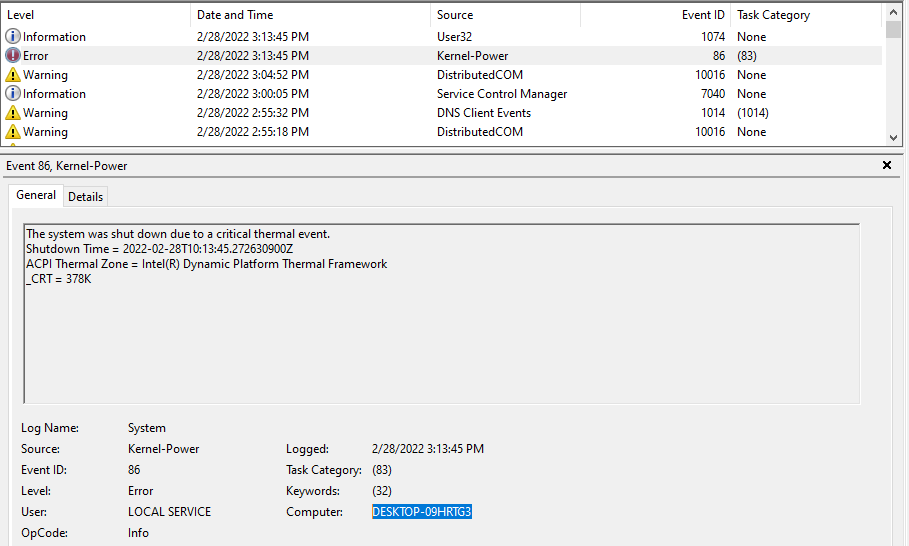 Event 86 Kernel-Power Randomly shuts down Dell latitude E7450