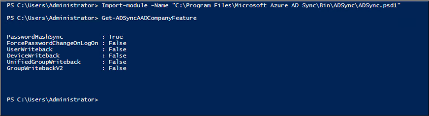 Screenshot of Get-ADSyncAADCompanyFeature cmdlet.