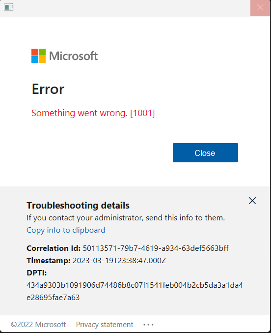 Connection issue with Outlook and Onedrive Something went wrong. [1001 ...