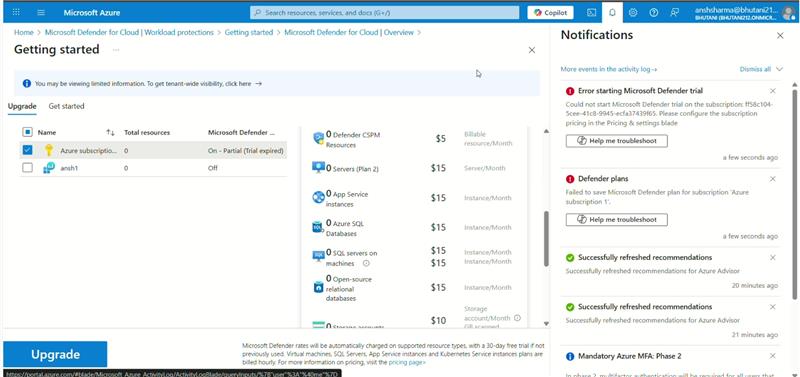 I'm not able to enable the subscription of defender for cloud ...