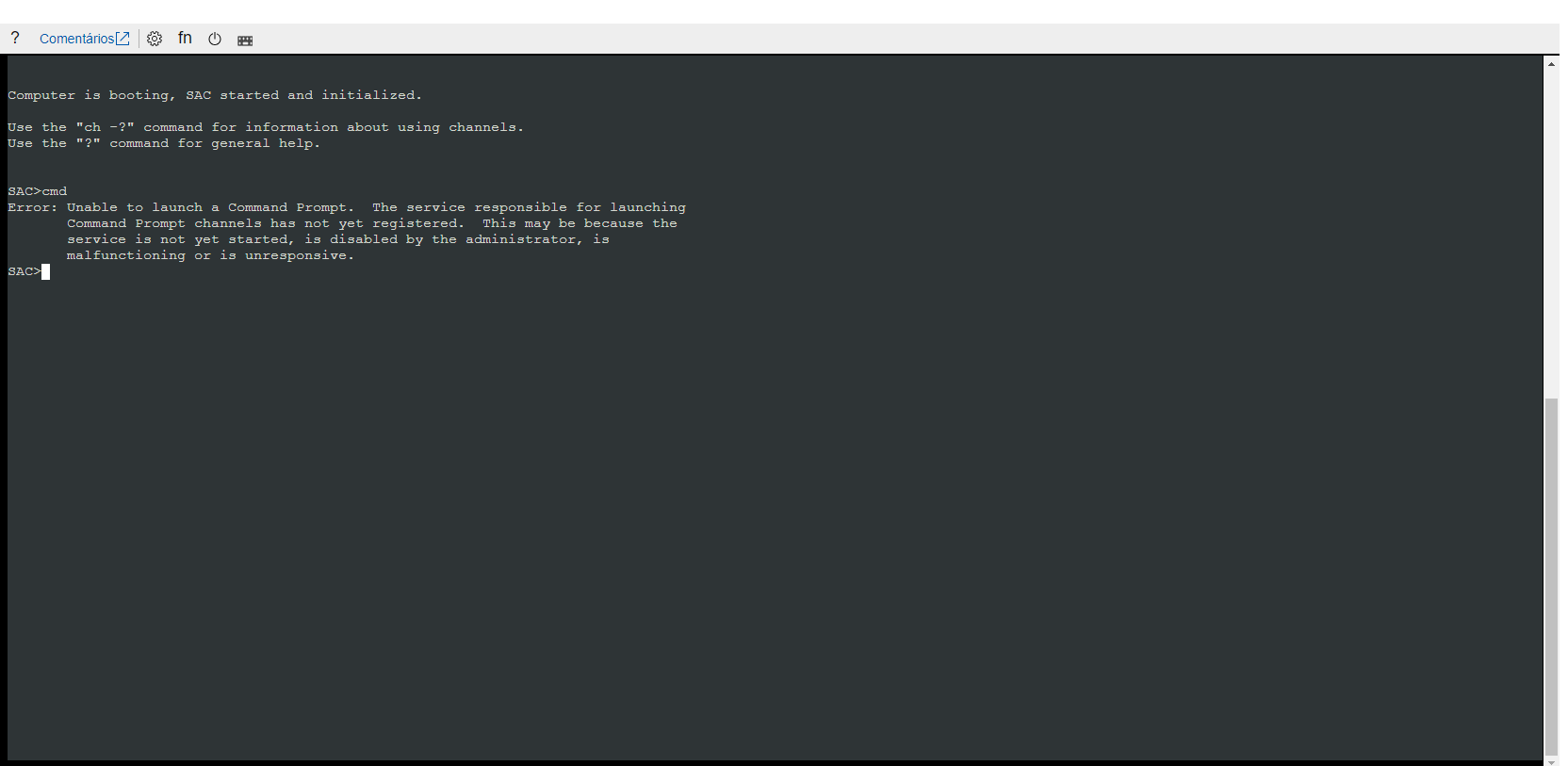 Erro VM Windows Server 2012 R2_sem acesso SAC - cmd