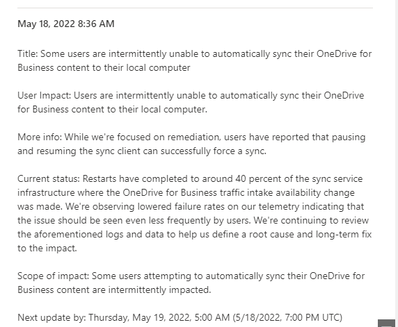 Issue with Sync - started today 16/05/2022 - has been working fine for ...