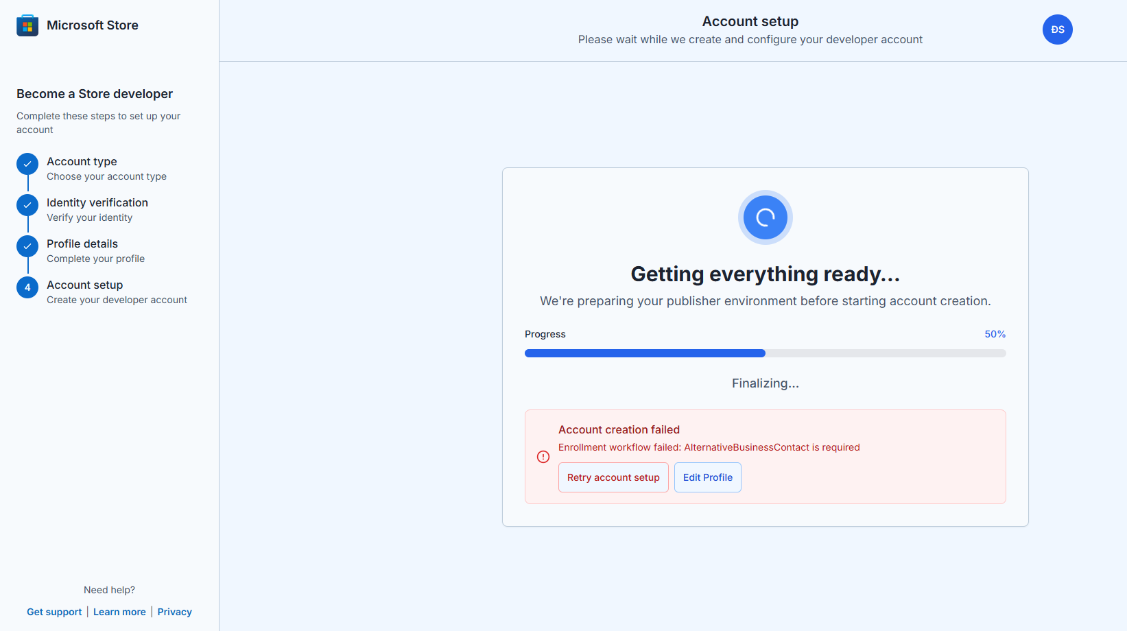 Enrollment workflow failed: AlternativeBusinessContact is required on ...