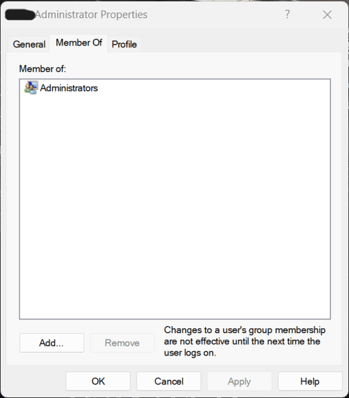 Image showing Administrator account part of administrators group