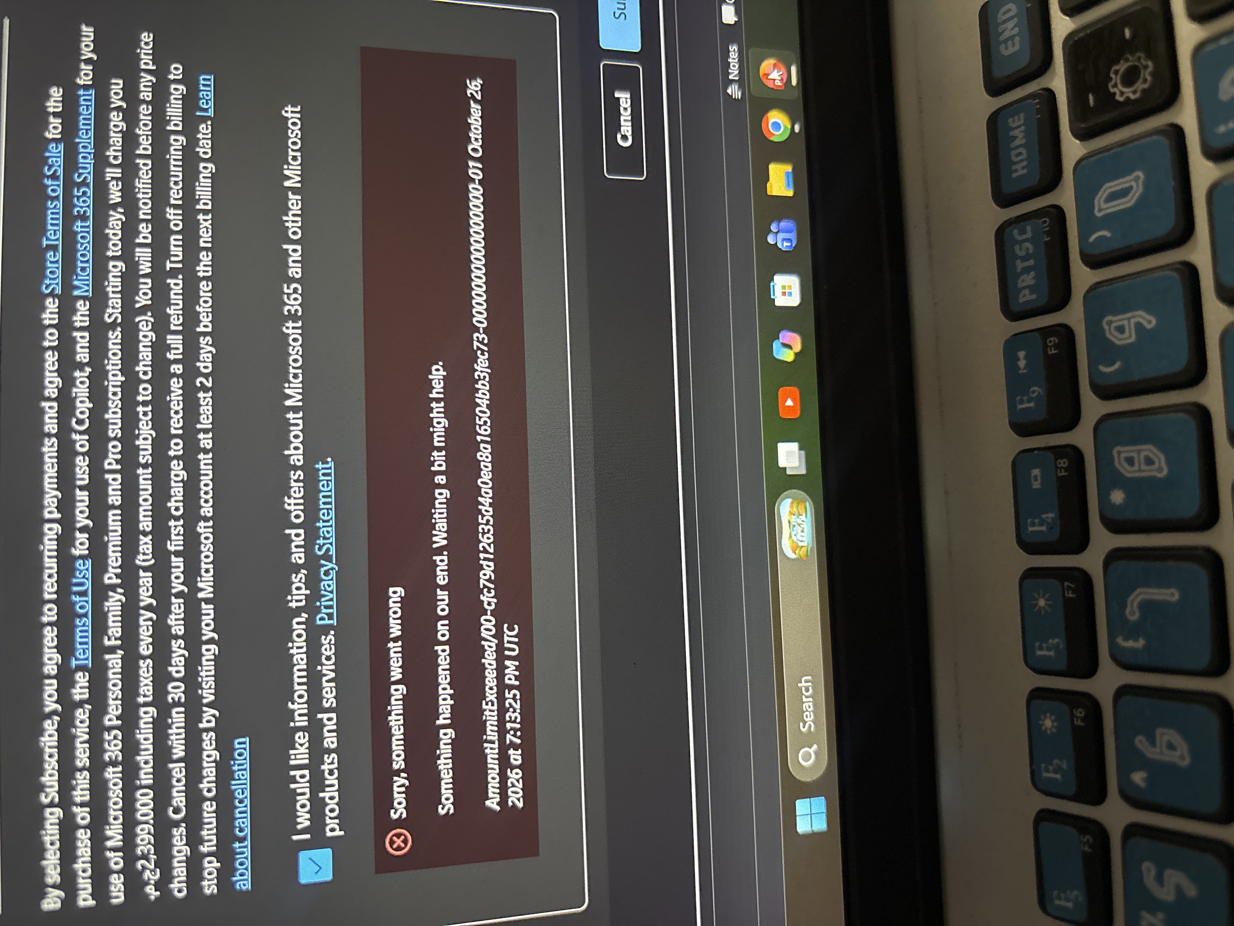 Microsoft 365 Subscription Payment Error – AmountLimitExceeded ...