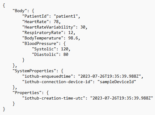 Screenshot of an Azure IoT Hub enriched device message.