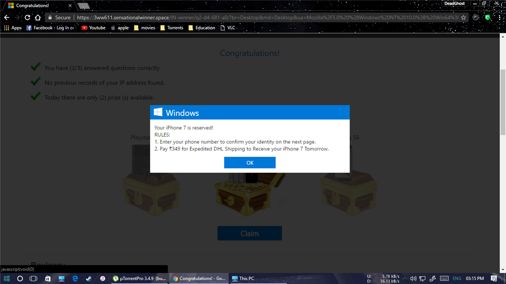 Congratulations Windows 10 user, You are our potential winner today ...