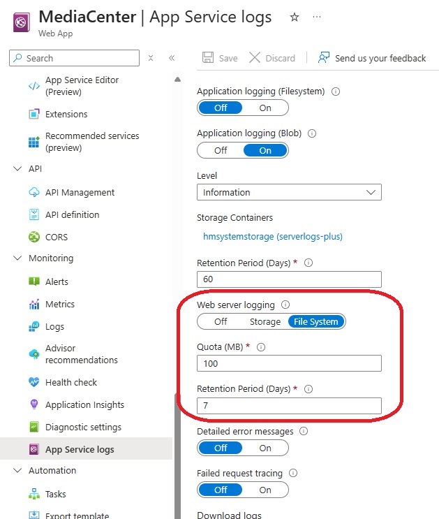 App Service Logs Settings