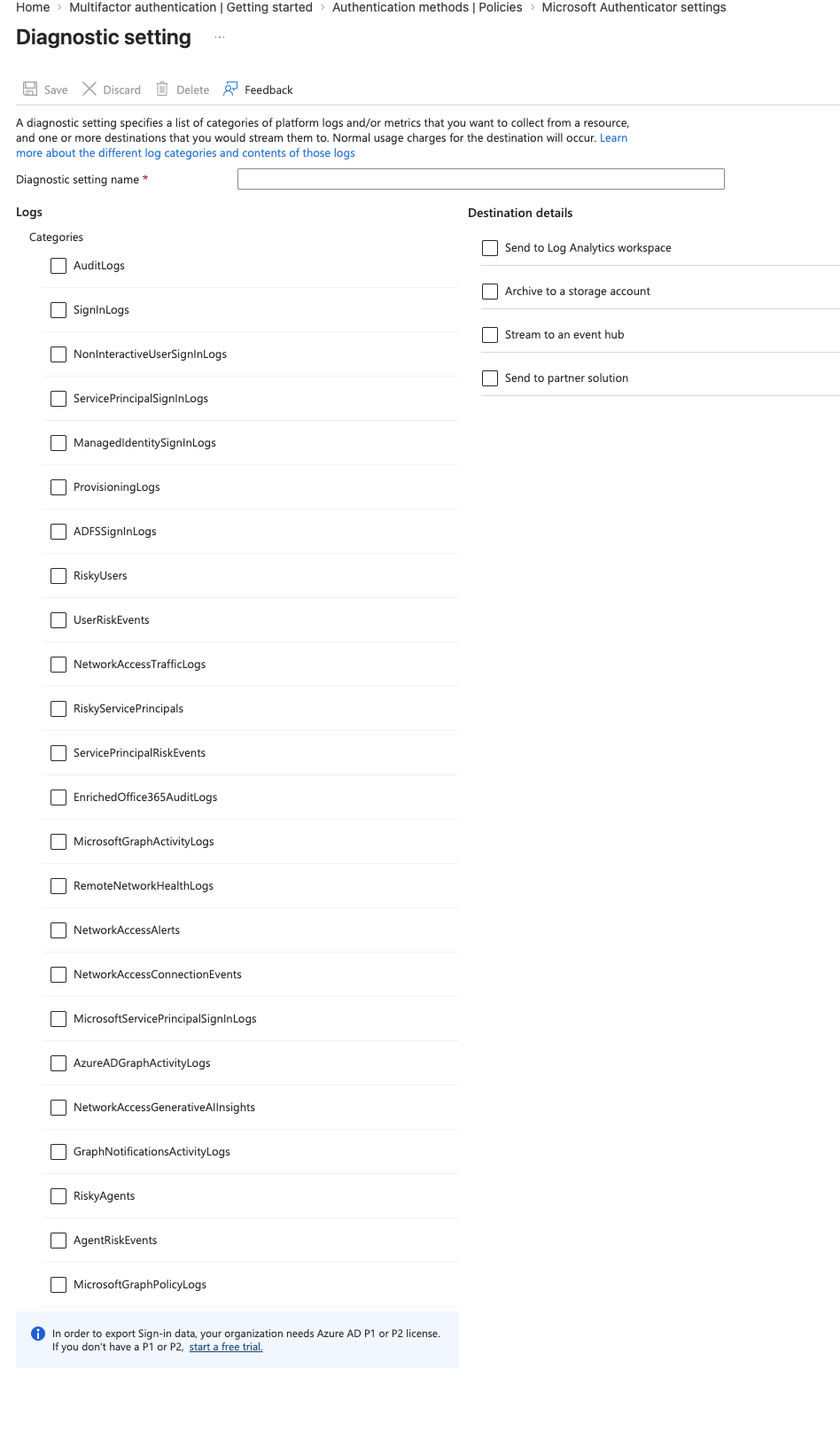 Unable to select event types for logging or logging destinations in ...
