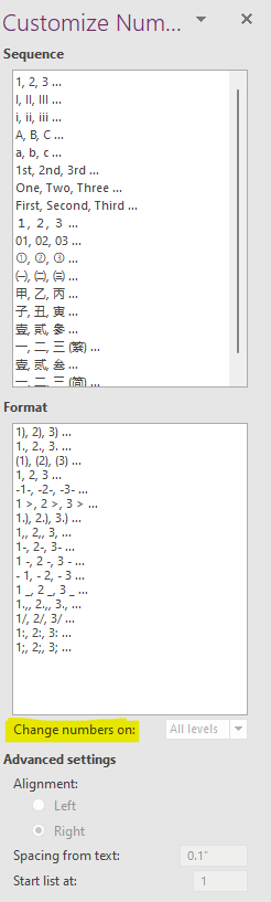 How can I set OneNotes Numbered List value for 