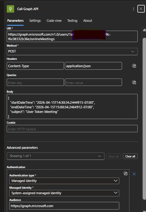 Unable to schedule online meeting(calling Graph API) from Logic App ...