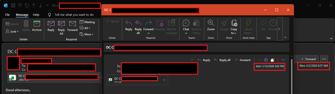 New outlook ontop of old outlook with times highlighted. 01/12/2026 and 03/02/2026