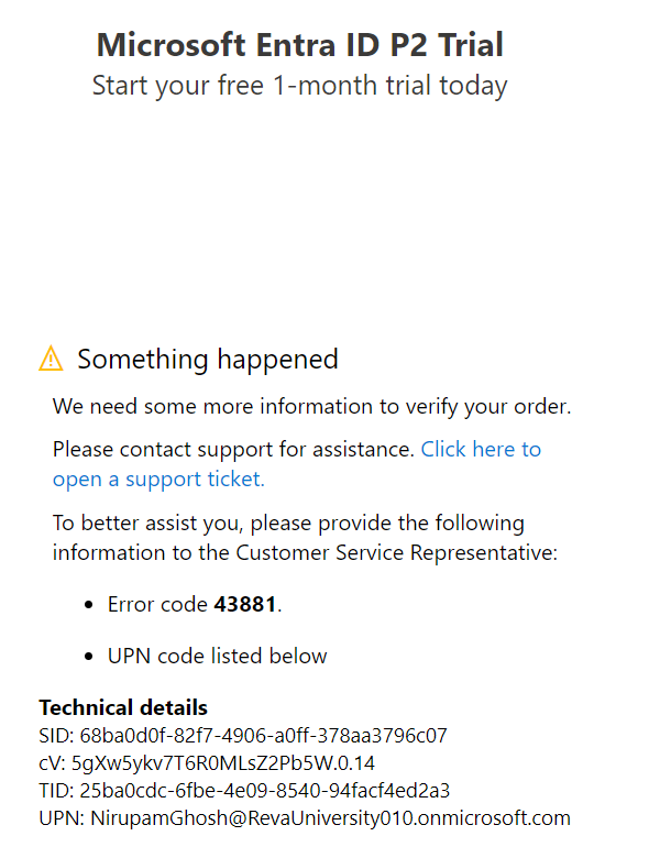 Unable to register Entra ID P2 Trial - Microsoft Q&A