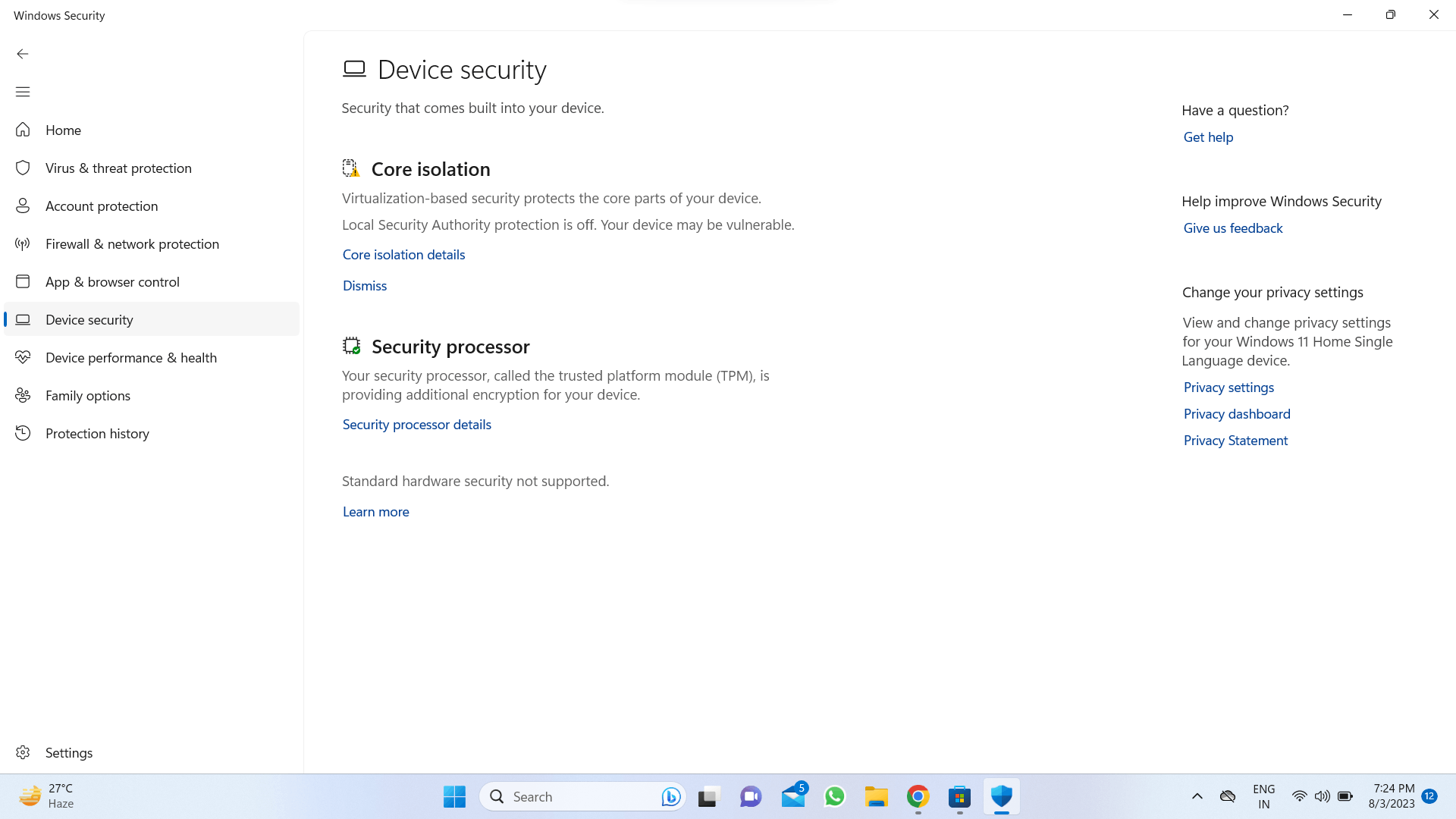 The Core Isolation under Device Security says that my Local Security ...