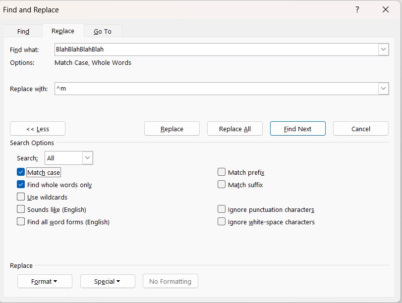 Find-Replace Options Selected