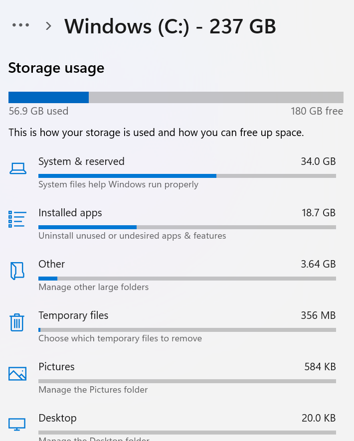 System says there is a total of 237Gb of storage available, this device ...