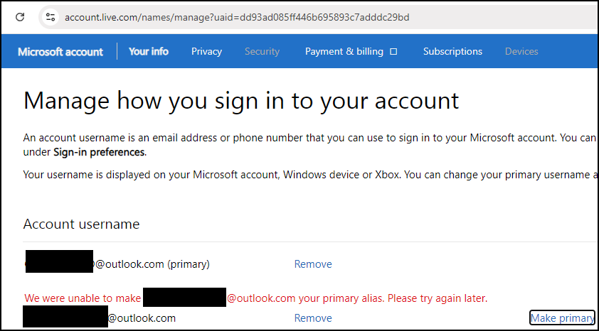 Unable to Make Your Primary Alias Error in Microsoft Account ...