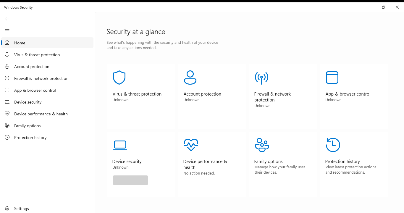 Windows Security status is unknown in all sector. - Microsoft Q&A