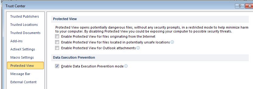 Excel 2010: How to disable 