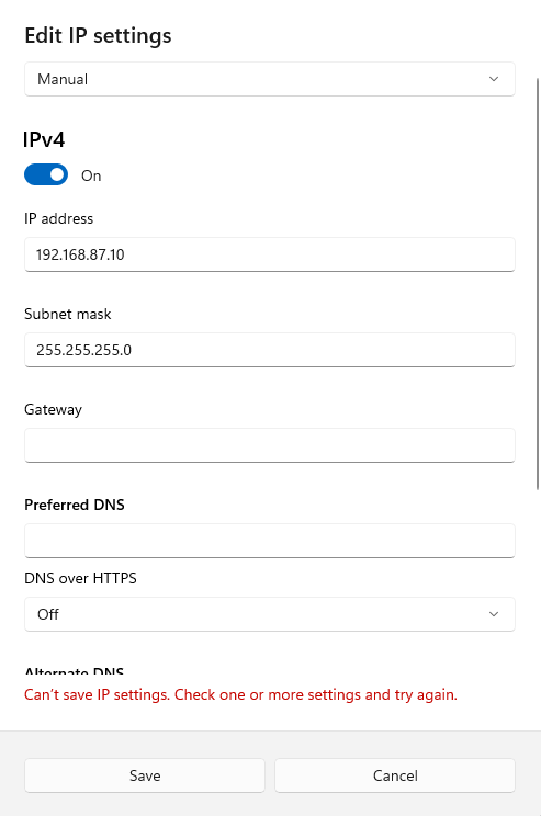 Can't Save IP Settings. Check one or more settings and try again ...