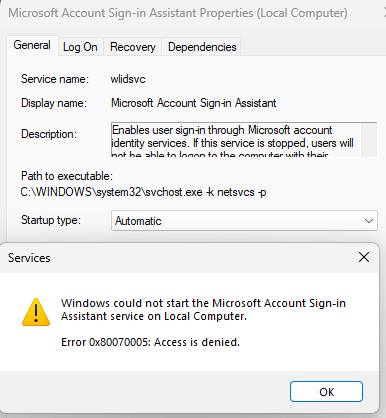 wlidsvc service refuses to start in Windows 11 - Error 0x80070005 ...