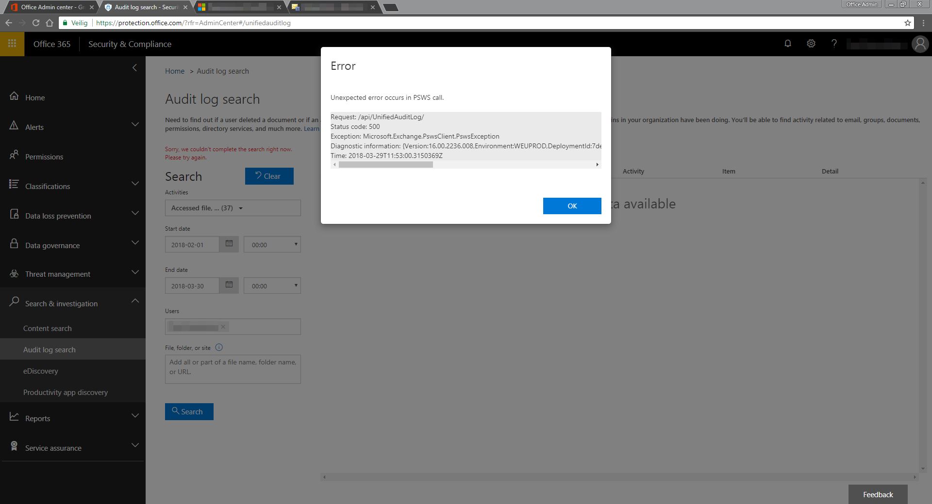 Audit Log query results in "Unexpected error occurs in PSWS call ...