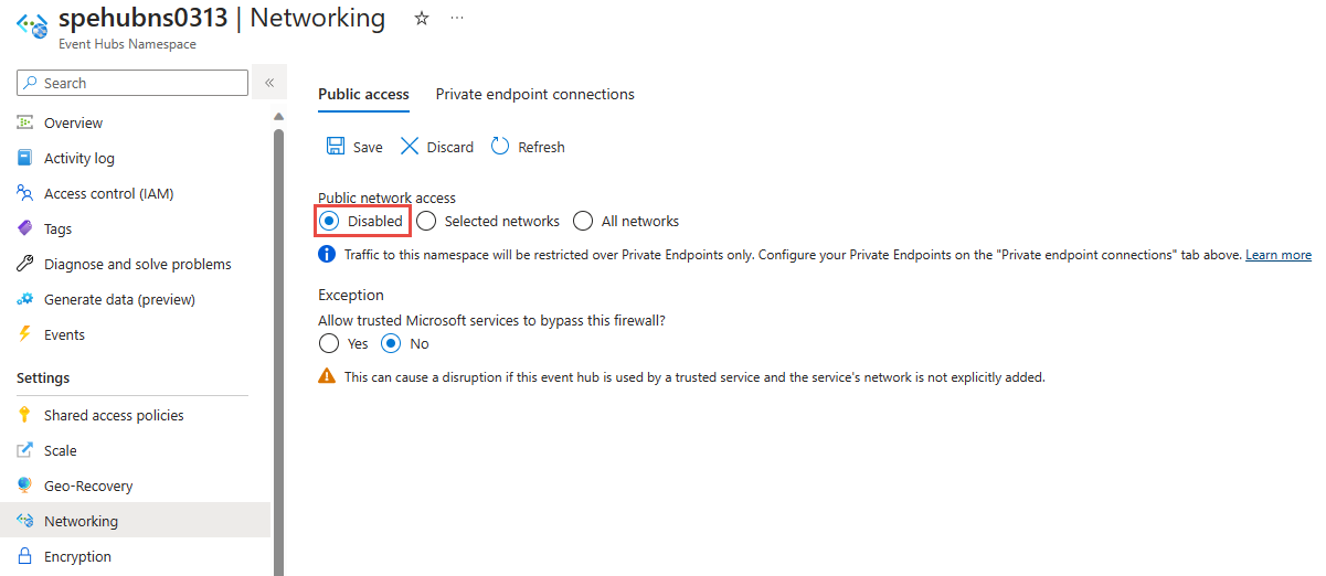 Screenshot of the Networking page with public network access as Disabled.