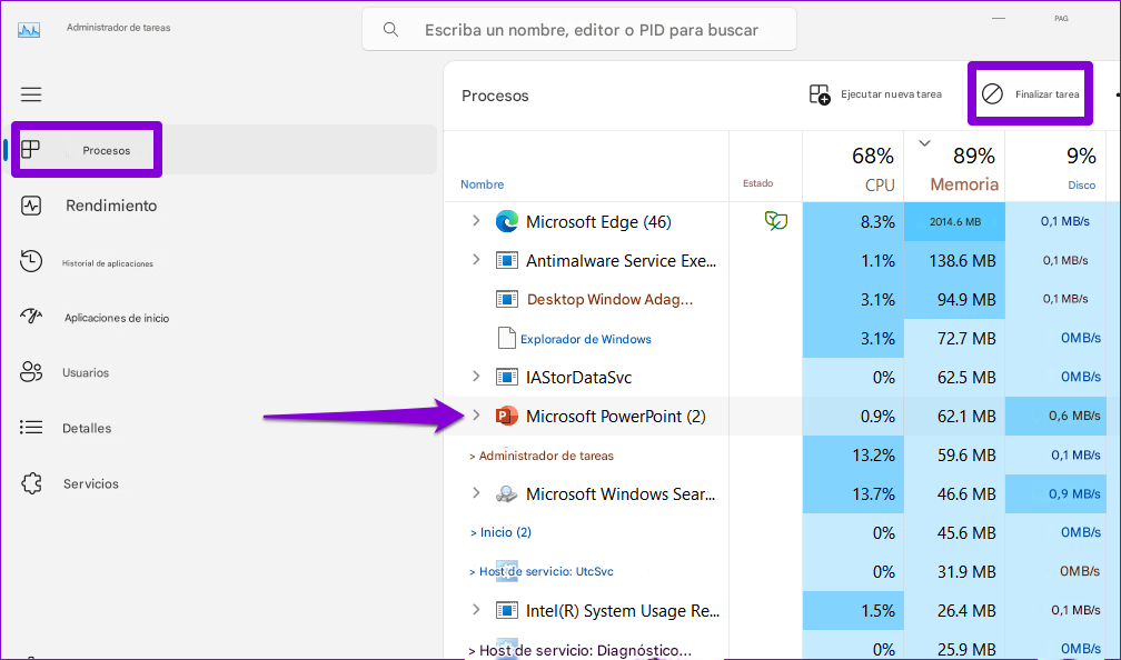 Administrador de tareasQEscriba un nombre, editor o PID para buscarProcesosPAGEjecutar nueva tareaFinalizar tareaProcesosNombreEstado68%CPU89%Memoria9%DiscoRendimiento>Microsoft Edge (46)♡8.3%2014.6 MB0,1 MB/sHistorial de aplicaciones> Antimalware Service Exe...1.1%138.6 MB0,1 MB/sAplicaciones de inicioDesktop Window Adag...3.1%94.9 MB0,1 MB/sExplorador de Windows3.1%72.7 MB0MB/sUsuarios> IAStorDataSvc0%62.5 MB0MB/s:=> PMicrosoft PowerPoint (2)0.9%62.1 MB0,6 MB/sDetalles> Administrador de tareas13.2%59.6 MB0,1 MB/sServicios> Microsoft Windows Sear...13.7%46.6 MB0,9 MB/s> Inicio (2)0%45.6 MB0MB/s> Host de servicio: UtcSvc0%31.9 MB0MB/s> Intel(R) System Usage Re...1.5%26.4 MB0,1 MB/s> Host de servicio: Diagnóstico...0%25.9 MB0MB/s