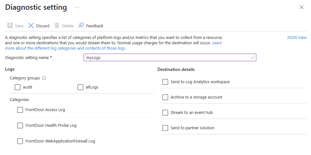 Screenshot that shows the Diagnostic settings page of Azure Front Door.