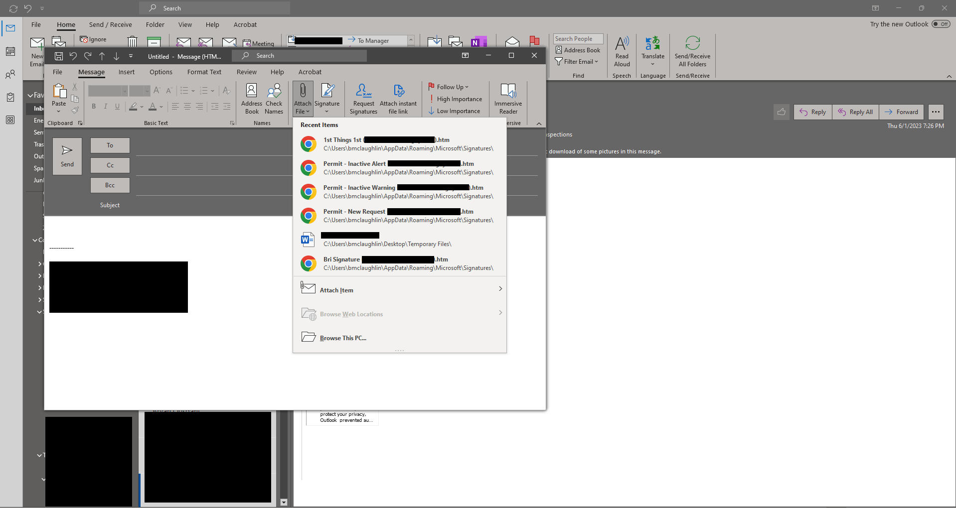 Outlook: quickly attach recent files to emails.