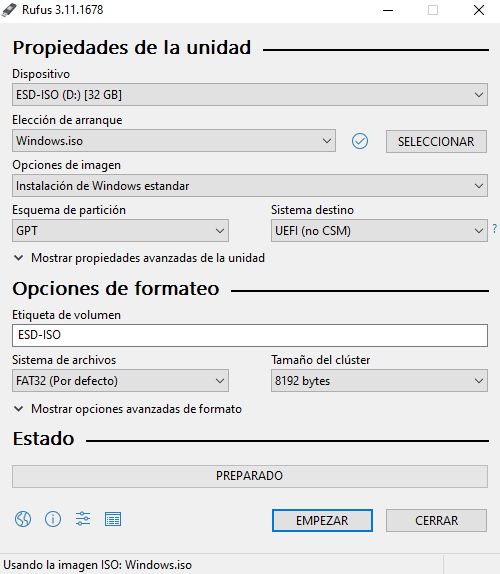 El tamaño del Cluster en Rufus para : Windows 10 - Microsoft Q&A