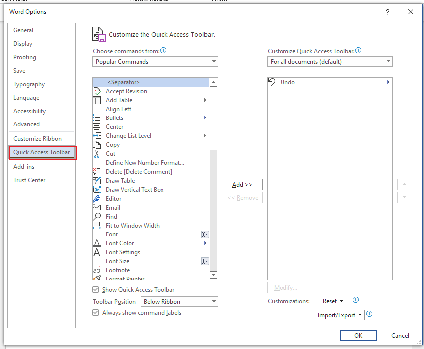 Where is the Quick Access toolbar and Envelopes in Word 365 ...