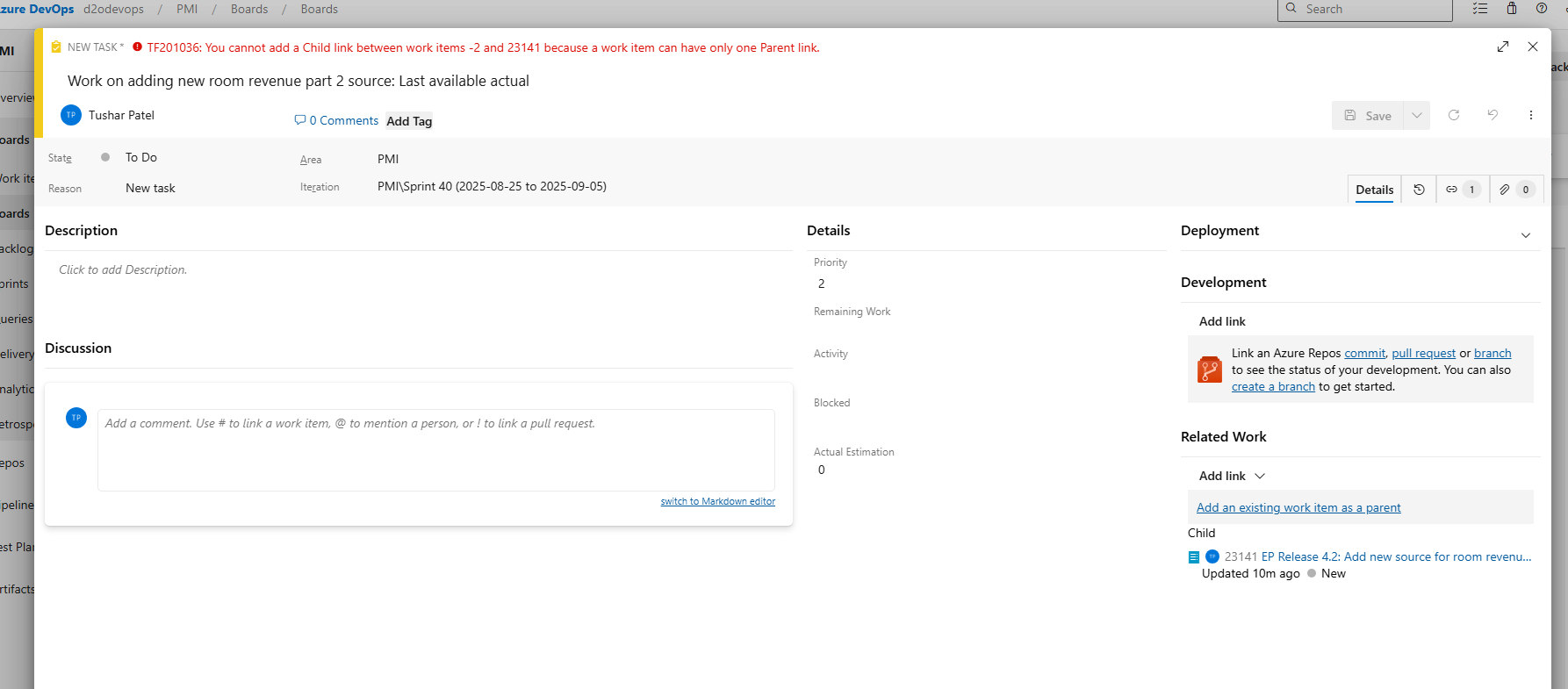 Pre error in adding link to work item - Microsoft Q&A