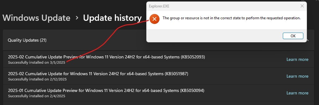 Error after windows update kb5052093 completed explorer.exe: the group ...