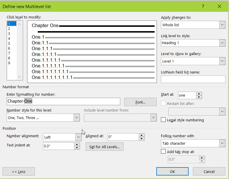 Word creating a new line above my title when setting up a new numbring ...