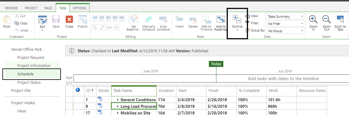 Not able to choose outline level in PWA project center - Microsoft Q&A