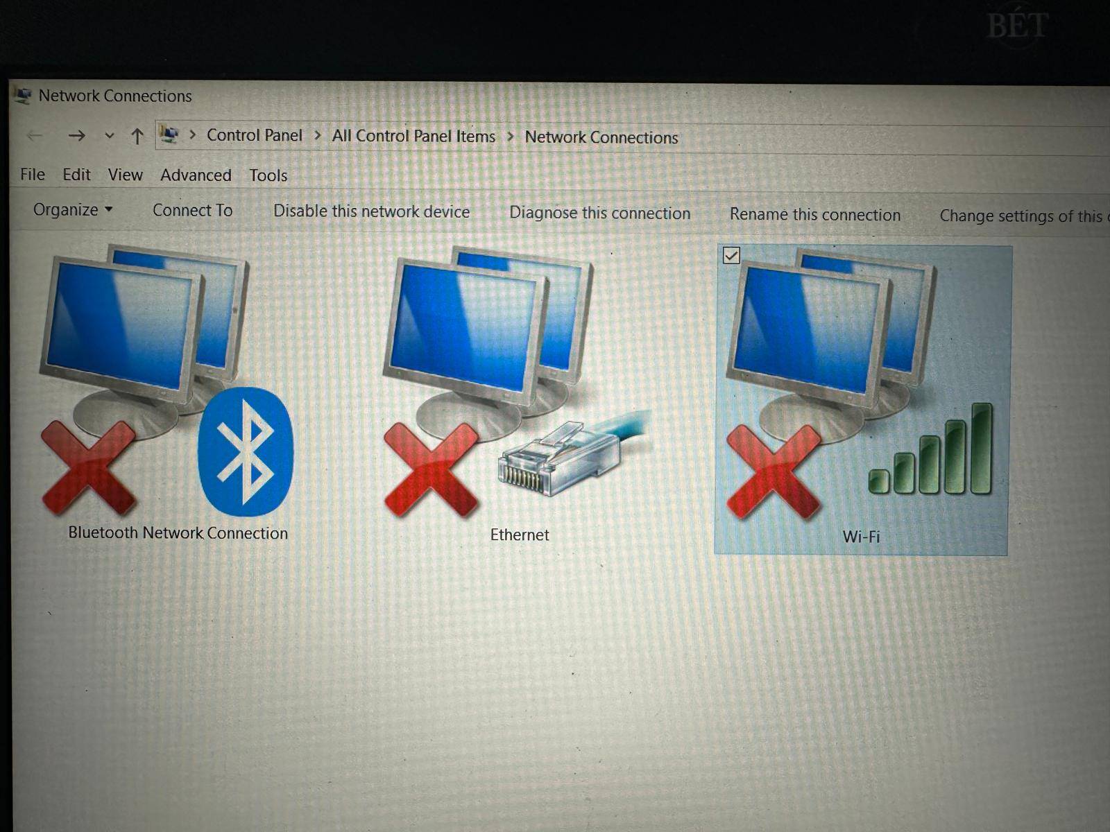 Bluetooth,Ethernet,WIFI - all have RED X mark in Network Connection ...