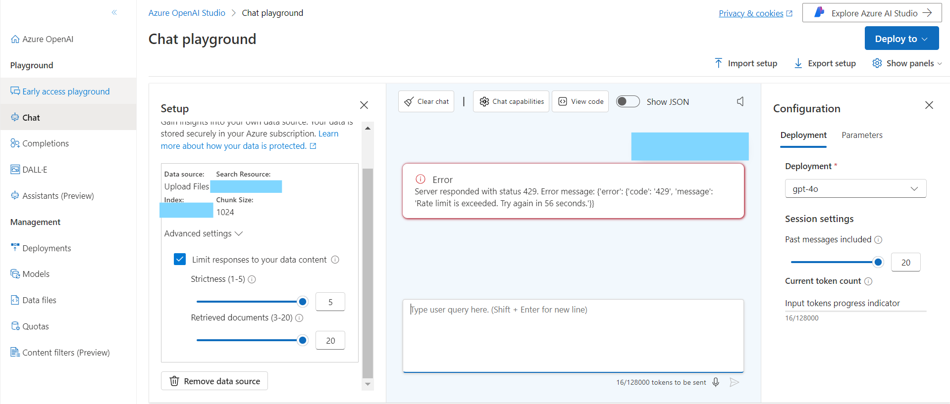 Azure OpenAI Chatbot Server responded with status 429. Error 