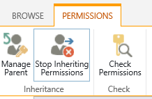 The list/library permissions control showing Stop Inheriting Permissions button